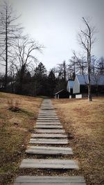 Empty road amidst trees and buildings against sky