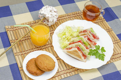 High angle view of breakfast served on table