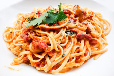 Close-up of spaghetti in tomato sauce 