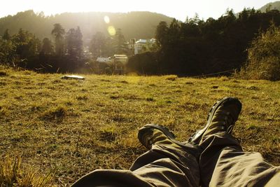 Low section of man standing on grass