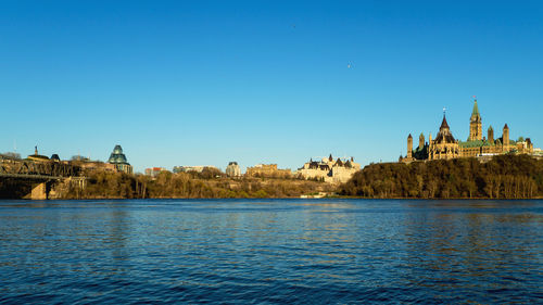 Panoramic view of buildings against clear blue sky