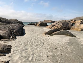 Surface level of rocks on beach against sky