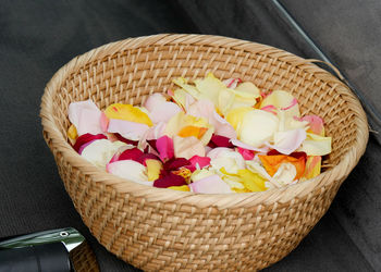 High angle view of flowers in basket