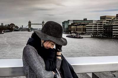 Woman in city during winter