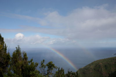 Scenic view of rainbow over trees against sky