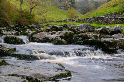 Scenic view of waterfall at ingleton 