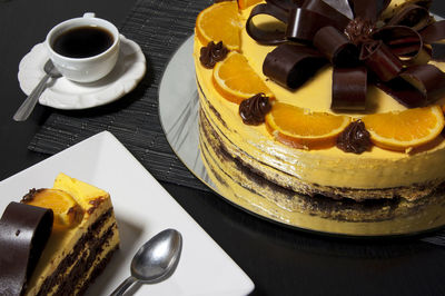 Close-up of cake served on table