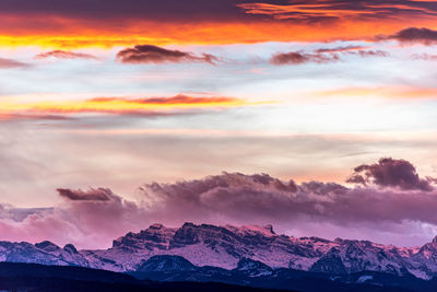 Scenic view of snowcapped mountains against sky during sunset