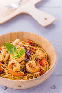 High angle view of noodles in plate on table