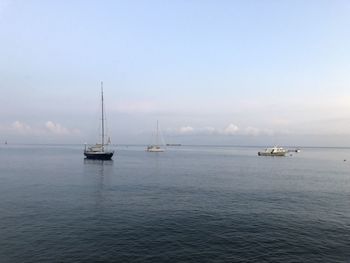 Sailboat sailing on sea against sky