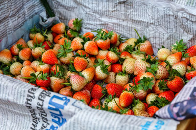 High angle view of strawberries in container