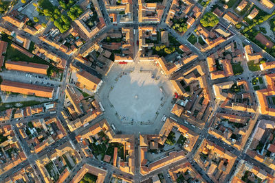 Palmanova aerial view  of hexagonal plan at piazza grande and simmetry  of city at sunset