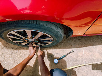 High angle view of man driving car