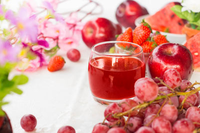 Close-up of red berries on glass table