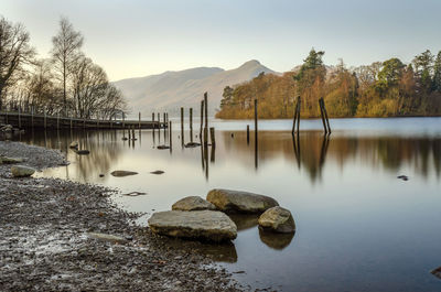 Scenic view of lake and mountains against sky