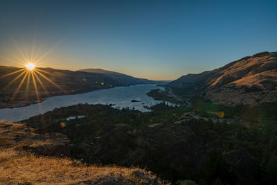 Scenic view of river by mountain against sky during sunset