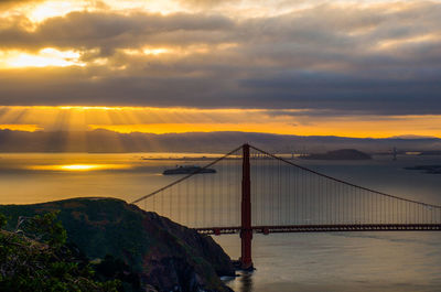 View of suspension bridge over sea during sunset