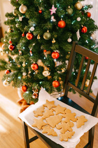 High angle view of christmas tree on table