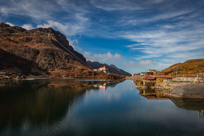Pristine lake surrounded by himalayan mountain with pristine water reflection isolated view