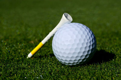 Close-up of golf ball and tee on grass