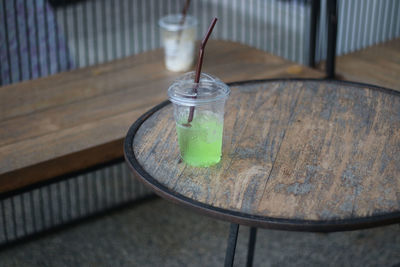 High angle view of drink in glass on table