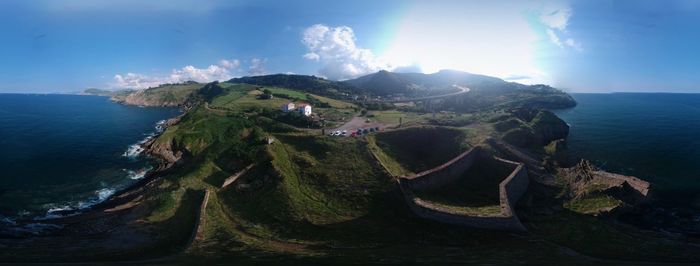 High angle view of sea and mountains against sky