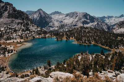 Scenic view of lake and snowcapped mountains against sky