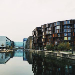 Buildings by river against clear sky