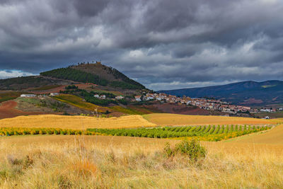 Scenic view of field against cloudy sky