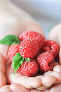 Heap of fresh ripe raspberries in a hand. copy space.