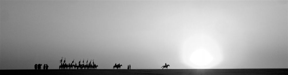 Silhouette of army with horses on field against sky 
