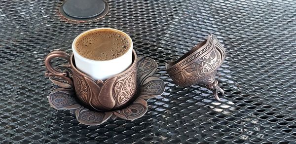 High angle view of coffee on table