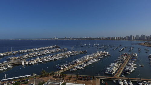 High angle view of harbor against clear blue sky