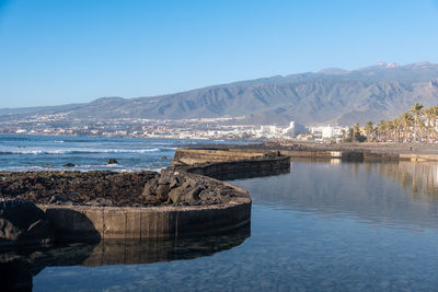 Scenic view of sea against clear blue sky