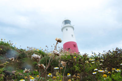 Lighthouse on field against cloudy sky