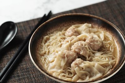 High angle view of noodles in bowl