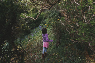 Rear view of small girl standing by tree picking flowers