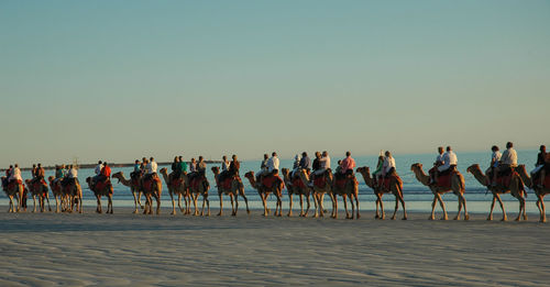 People at beach against clear sky