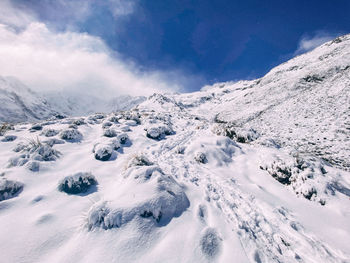 Scenic view of snowcapped mountains against sky