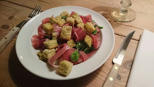 High angle view of food in plate on table