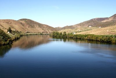 Scenic view of lake and mountains against clear sky