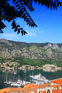 Scenic view of lake by mountains against sky