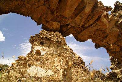 Low angle view of rock formations against blue sky