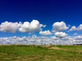 Scenic view of grassy field against cloudy sky