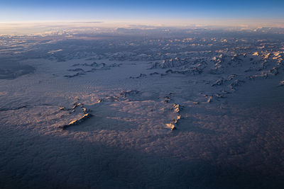 High angle view of cityscape against sky during sunset