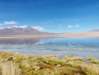 Scenic view of lake and mountains against sky