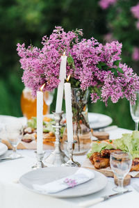 High angle view of bouquet on table outdoors