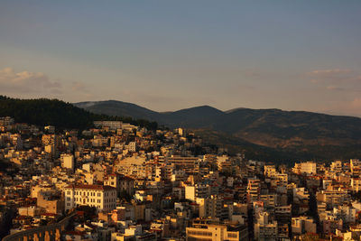 High angle view of townscape against sky at sunset