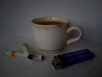 High angle view of coffee cup on table