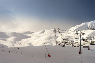 Ski lift running up and over the les arcs bowls on a sunny day